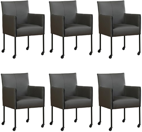 Leren eetkamerstoel More - met wieltjes - set van 6 stoelen - Toledo Leer Antracite - Kleur poot, zwart - Skate wiel zwart