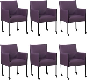 Set van 6 Paarse leren moderne kuipstoel More - poot rond zwart met wiel - Toledo Leer Aubergine (paars leer)