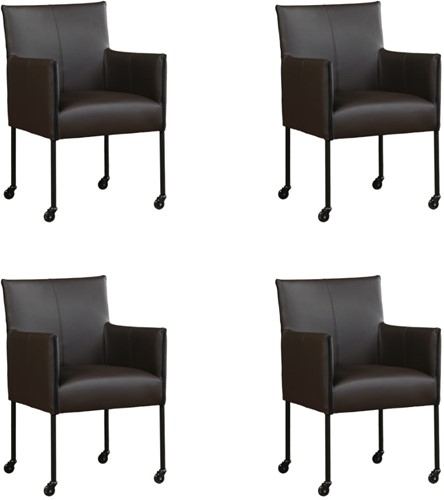 Leren eetkamerstoel More - met wieltjes - set van 4 stoelen - Toledo Leer Caffe - Kleur poot, zwart - Skate wiel zwart