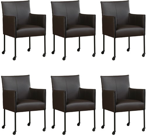 Leren eetkamerstoel More - met wieltjes - set van 6 stoelen - Toledo Leer Caffe - Kleur poot, zwart - Skate wiel zwart