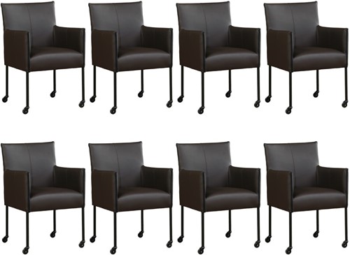Leren eetkamerstoel More - met wieltjes - set van 8 stoelen - Toledo Leer Caffe - Kleur poot, zwart - Skate wiel zwart