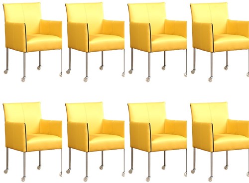 Leren eetkamerstoel More - met wieltjes - set van 8 stoelen - Toledo Leer Lemon - Kleur poot, RVS - Skate wiel transparant