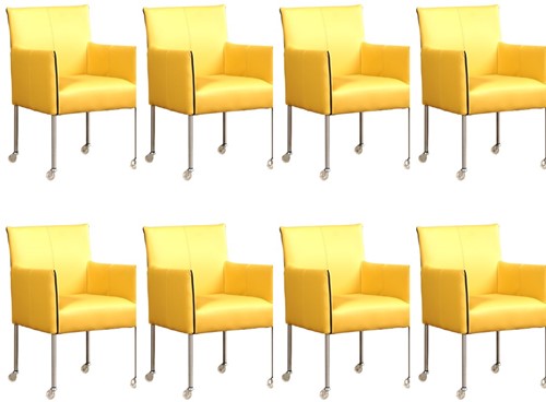 Leren eetkamerstoel More - met wieltjes - set van 8 stoelen - Toledo Leer Lemon - Kleur poot, RVS - Skate wiel transparant