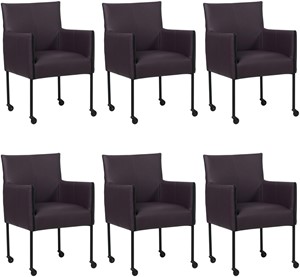 Set van 6 Donkerpaarse leren moderne kuipstoel More - poot rond zwart met wiel - Toledo Leer Merlin (donkerpaars leer)
