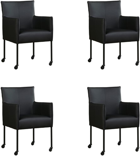 Leren eetkamerstoel More - met wieltjes - set van 4 stoelen - Toledo Leer Nero - Kleur poot, zwart - Skate wiel zwart