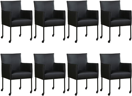 Leren eetkamerstoel More - met wieltjes - set van 8 stoelen - Toledo Leer Nero - Kleur poot, zwart - Skate wiel zwart