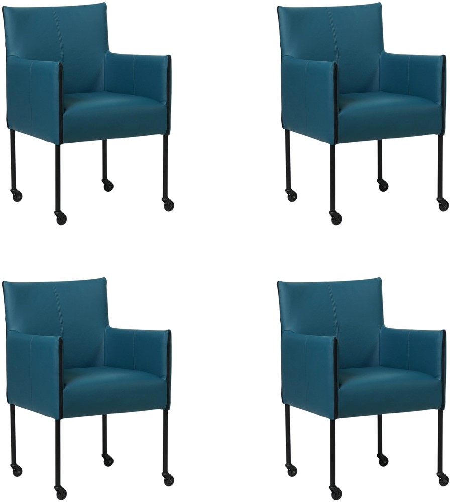 Set van 4 Blauwe leren moderne kuipstoel More - poot rond zwart met wiel - Toledo Leer Turquoise (blauw leer)