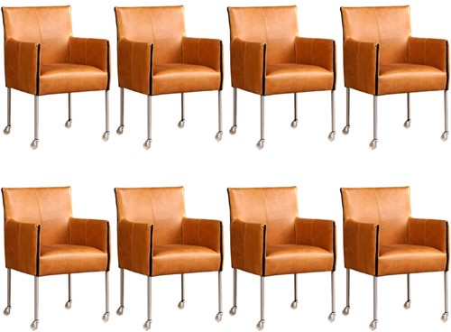 Leren eetkamerstoel More - met wieltjes - set van 8 stoelen - Vintage Leer Cognac - Kleur poot, RVS - Skate wiel transparant