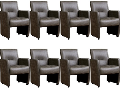 Leren eetkamerfauteuil Pleasure - set van 8 stoelen - Vintage Leer Grey - Met handgreep - Zwart