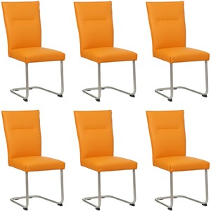 Set van 6 Oranje leren Retro - poot rond rvs - Toledo Leer Mandarin (oranje leer)