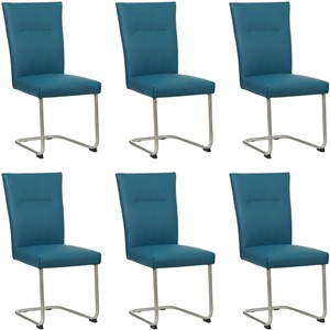 Set van 6 Blauwe leren Retro - poot rond rvs - Toledo Leer Turquoise (blauw leer)