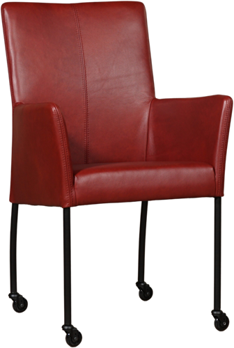 Leren eetkamerstoel Comfort - met wieltjes en armleuning - Granada leer Rouge - Poot - Rond - Zwart - Skate wiel zwart