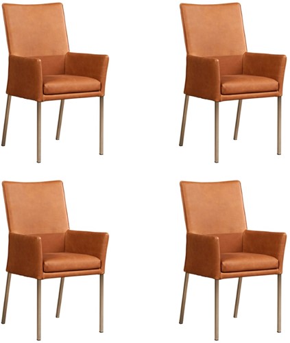 Leren eetkamerstoel Royal - met armleuning - set van 4 stoelen - Rancho Leer Cognac - Kleur poot, RVS