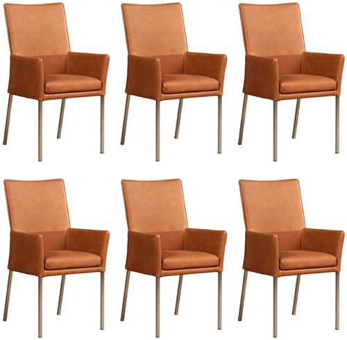 Leren eetkamerstoel Royal - met armleuning - set van 6 stoelen - Rancho Leer Cognac - Kleur poot, RVS