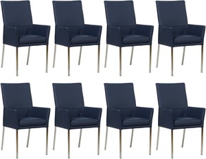 Set van 8 Blauwe leren moderne eetkamerstoelen Royal - poot vierkant rvs - Toledo Leer Kobalt (blauw leer)