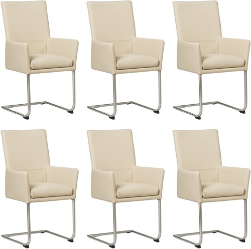 Leren eetkamerstoel Rumor - met armleuning en sledepoot rond - set van 6 stoelen - Toledo Betulla (crème) - Kleur poot, RVS