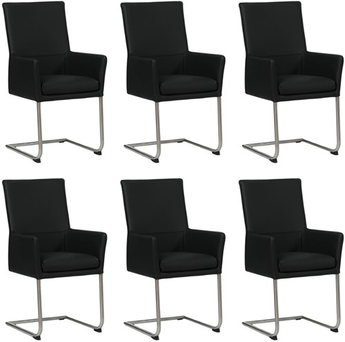 Leren eetkamerstoel Rumor - met armleuning en sledepoot rond - set van 6 stoelen - Toledo Nero (zwart) - Kleur poot, RVS