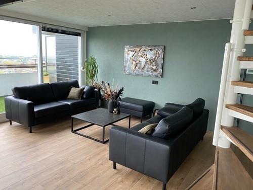 Set van 2 leren banken met stalen poten - met hocker en kussens - zwart leer