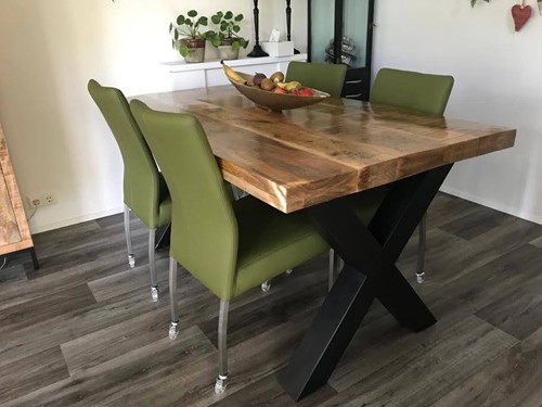 Set van 4 leren eetkamerstoelen - met wieltjes - groen leer