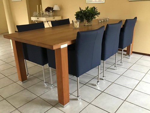 Set van 6 leren kuip eetkamerstoelen - met wieltjes - blauw leer