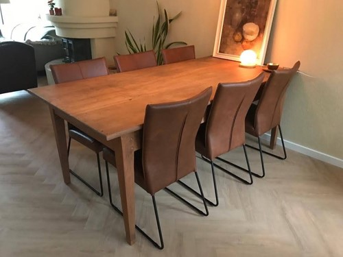 Set van 6 leren eetkamerstoelen - met designpoot - cognac kleur leer