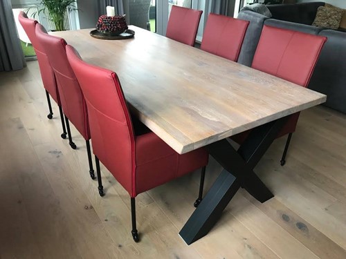 Set van 6 leren eetkamerstoelen - met wieltjes en hoge rug - rood leer