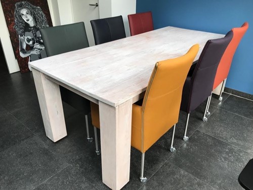 Set van 6 leren eetkamerstoelen - met wieltjes en hoge rug - verschillende kleuren leer