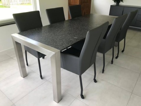 Set van 6 leren eetkamerstoelen met wieltjes en hoge rug - grijs leer