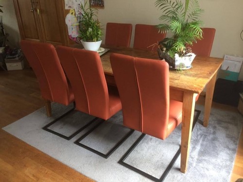 Set van 6 leren eetkamerstoelen - met sledepoot - bruin leer