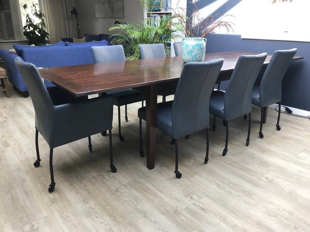 vallei Emulatie Vaarwel Set van 7 leren eetkamerstoelen - met wieltjes - blauw leer ShopX