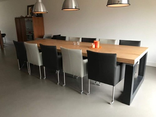 Set van 10 leren kuip eetkamerstoelen - met wieltjes - grijs leer