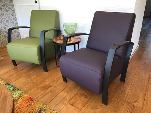 Set van 2 leren fauteuils met stalen frame - groen en paars leer