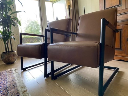 Set van 2 leren fauteuils met sledepoot - bruin leer