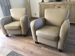 Set van 2 leren fauteuils met houten poten - bruin leer - Echt leer, Landelijk, ontdek de vele Leersoorten en Kleuren bij ShopX
