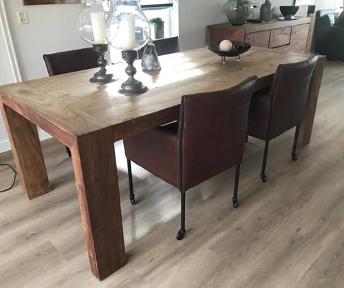 Set van 4 leren kuip eetkamerstoelen - met wieltjes - bruin leer