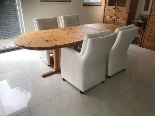 Set van 4 leren eetkamerfauteuils - met armleuning en wieltjes - wit leer