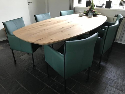 Set van 6 leren kuip eetkamerstoelen - met wieltjes - groen leer