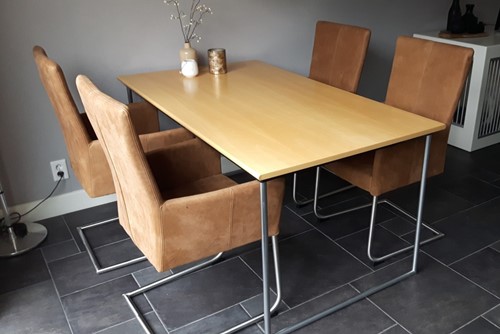 Set van 4 leren eetkamerstoelen - met sledepoot - bruin leer