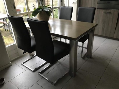 Set van 4 leren eetkamerstoelen - met sledepoot - grijs leer