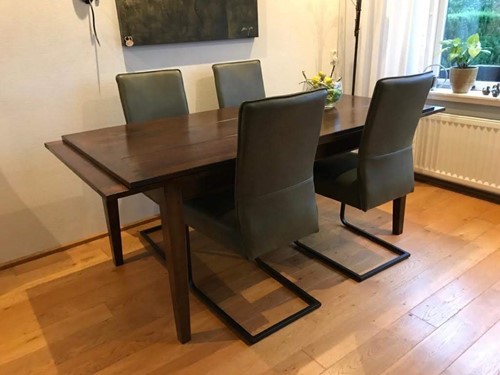 Set van 4 leren eetkamerstoelen - met sledepoot - groen leer