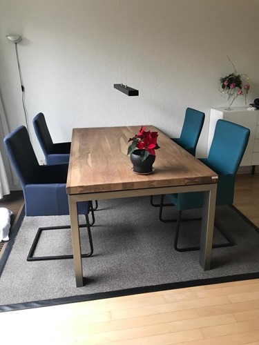 Set van 4 leren eetkamerstoelen - met sledepoot en armleuning- blauw leer