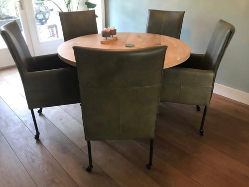 Set van 5 leren eetkamerstoelen - met wieltjes en hoge rug - groen leer