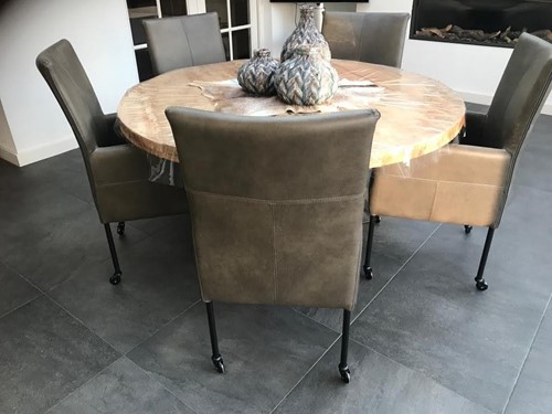 Set van 5 leren eetkamerstoelen - met wieltjes en hoge rug - grijs leer