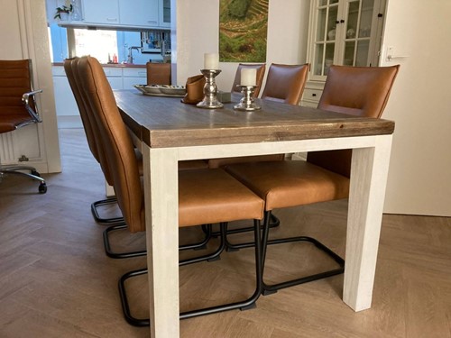 Set van 6 leren eetkamerstoelen - met sledepoot - bruin leer