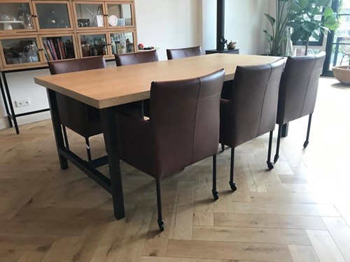 Set van 6 leren kuip eetkamerstoelen - met wieltjes - cognac kleur leer