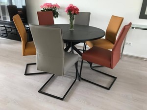 Leren eetkamerstoel remix, bruingeel leer, bruinegele keukenstoelen