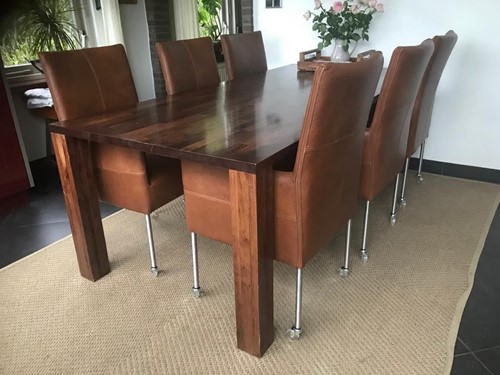 Set van 6 leren eetkamerstoelen - met wieltjes en hoge rug - bruin leer