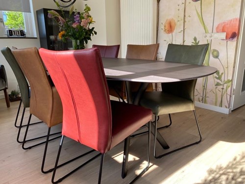 Set van 6 leren eetkamerstoelen - met designpoot - verschillende kleuren leer