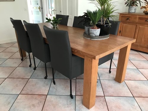 Set van 6 leren eetkamerstoelen - met wieltjes en hoge rug - grijs leer