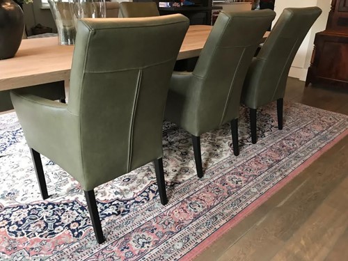 Set van 6 leren eetkamerstoelen - met houten poten - groen leer